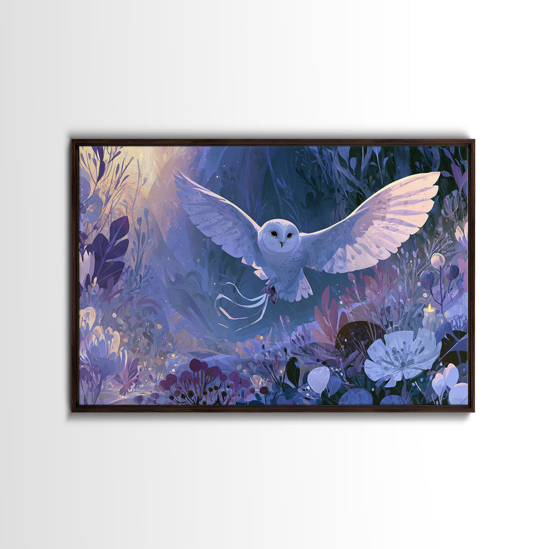 Owl Messenger Carrying a Tiny Ribbon Canvas Print, Fairy Tale Art, Whimsical Wall Art, Living Room Decor, Fine Art, Storybook, FTA-3x2-21