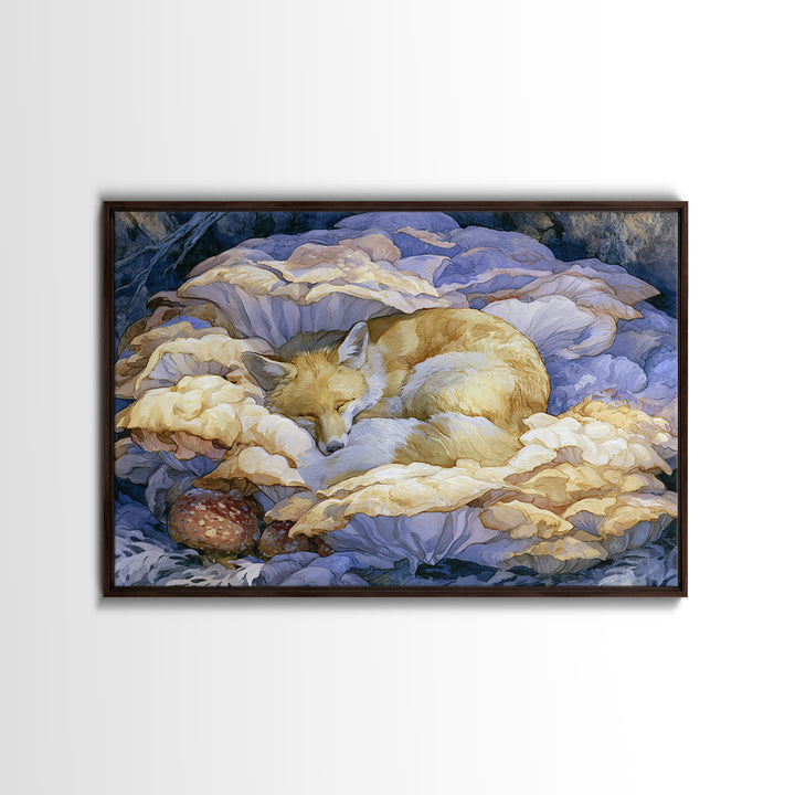 Sleeping Fox Beside a Magical Mushroom Ring Canvas Print, Fairy Tale Art, Statement Artwork, Living Room Decor, Storybook, FTA-3x2-31