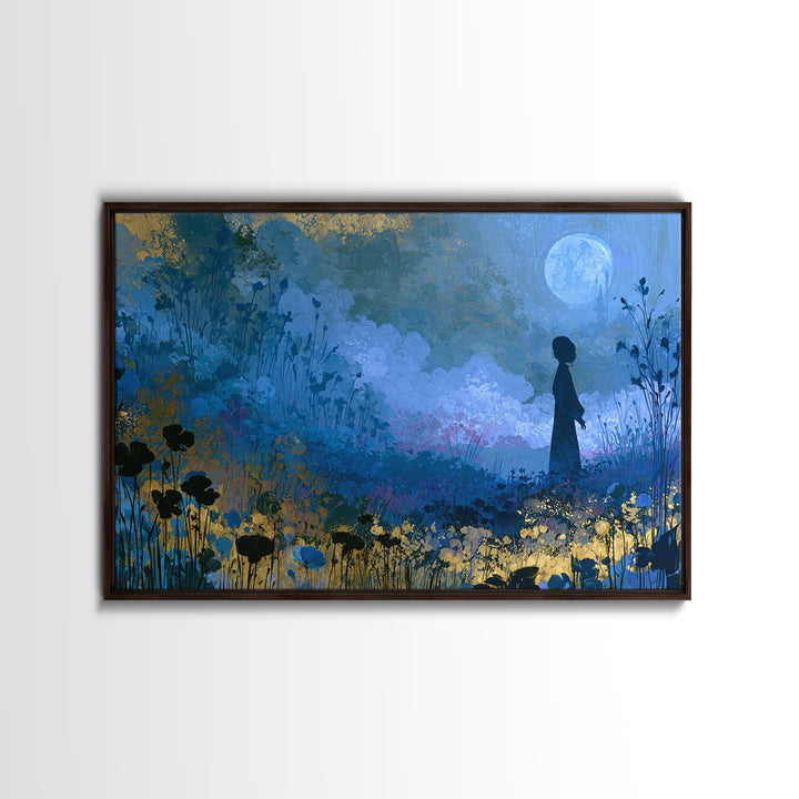 Princess Silhouette with Moonlit Garden Flowers Canvas Print, Fairy Tale Art, Mixed Media Art, Living Room Decor, Storybook, FTA-3x2-32