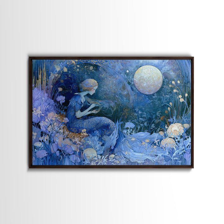 Mermaid Combing Hair Beneath a Pearl Moon Framed Canvas Print, Fairy Tale Art, Fantasy Art, Living Room Decor, Oil Painting, FTA-3x2-40