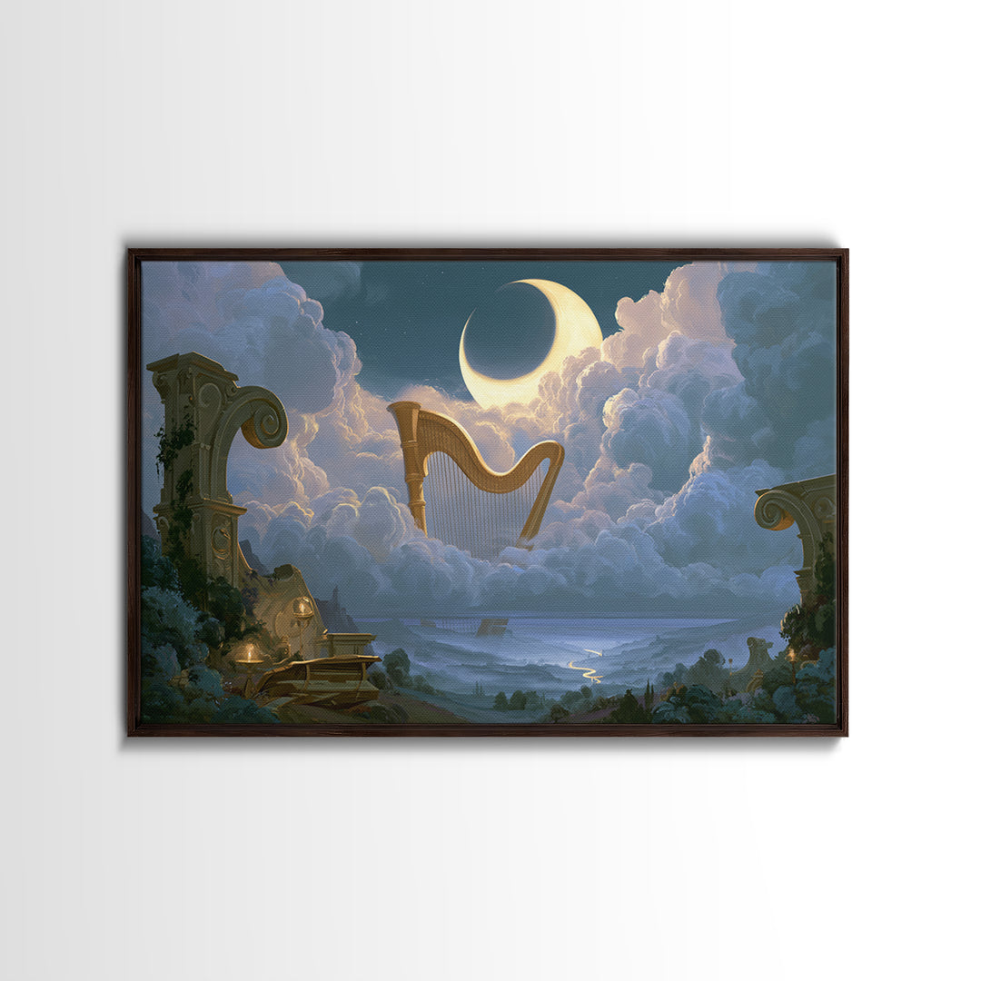 Golden Harp in a Cloud Kingdom Framed Canvas Print, Fairy Tale Art, Princess Wall Art, Living Room Decor, Oil Painting, FTA-3x2-50