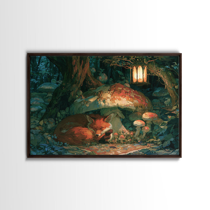 Sleeping Fox Beside a Magical Mushroom Ring Canvas Print, Fairy Tale Art, Boho Wall Art, Living Room Decor, Storybook, FTA-3x2-55