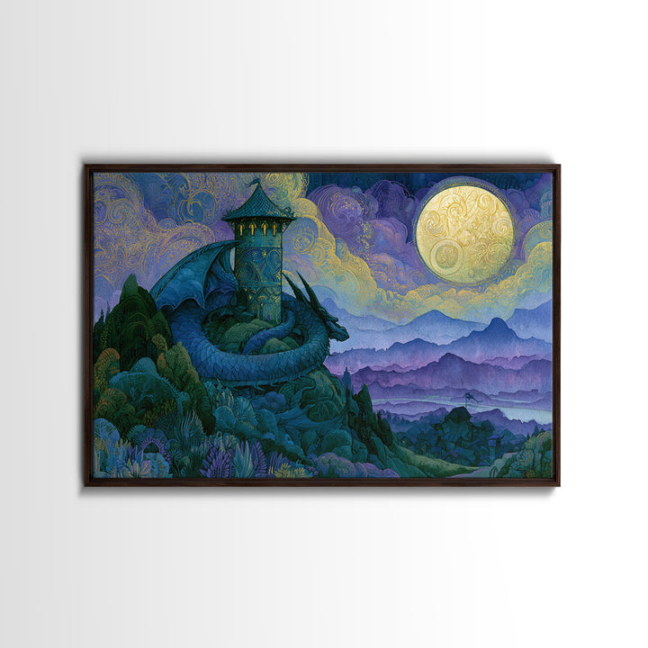 Dragon Curled Around a Jeweled Tower Canvas Print, Fairy Tale Art, Fairy Art, Living Room Decor, Fine Art, Storybook, FTA-3x2-57