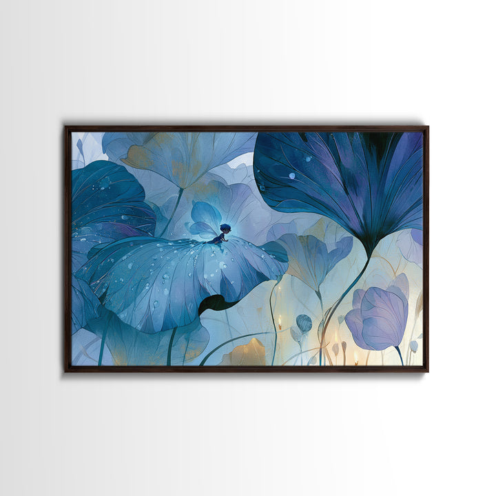 Tiny Fairy Resting on a Dew Covered Framed Canvas Print, Fairy Tale Art, Art Deco, Living Room Decor, Fine Art, Storybook, FTA-3x2-59
