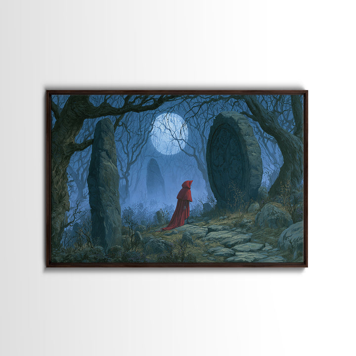 Red Cloak Figure Walking Through Dark Woods Canvas Print, Fairy Tale Art, Textured Painting, Living Room Decor, Storybook, FTA-3x2-60
