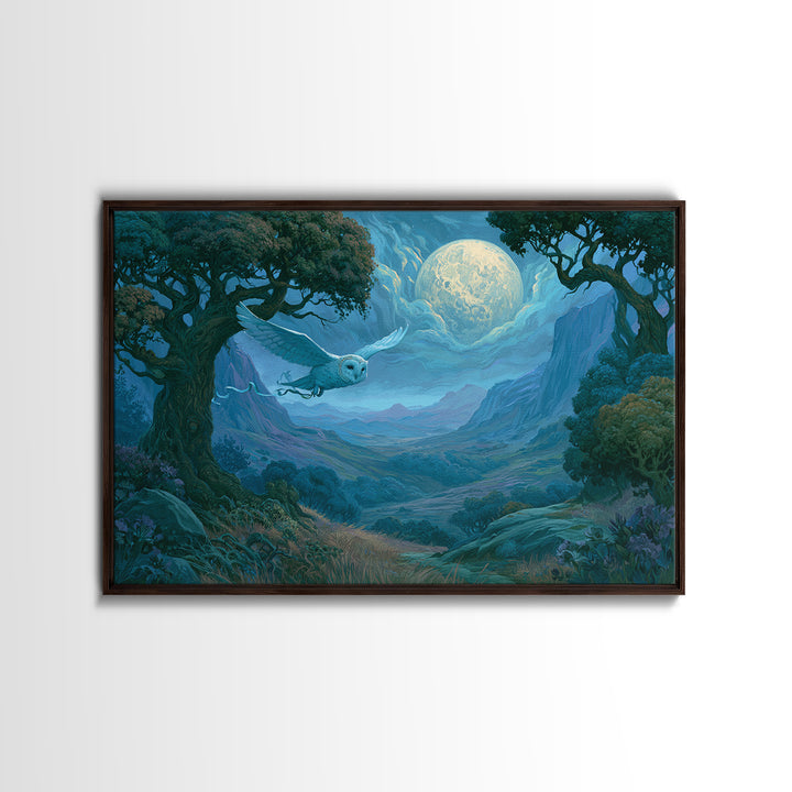Owl Messenger Carrying a Tiny Ribbon Framed Canvas Print, Fairy Tale Art, Gallery Decor, Living Room Decor, Fine Art, Storybook, FTA-3x2-69