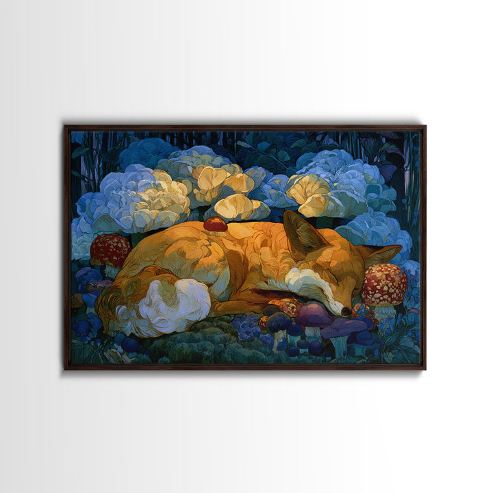 Sleeping Fox Beside a Magical Mushroom Ring Framed Canvas Print, Fairy Tale Art, Abstract Art, Living Room Decor, Storybook, FTA-3x2-7