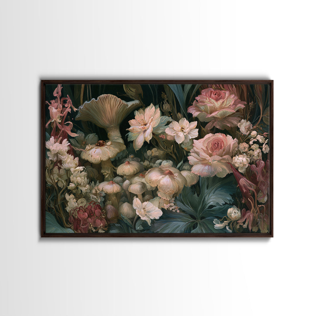 Fairy Ring of Mushrooms and Wildflowers Canvas Print, Fairy Tale Art, Neutral Decor, Living Room Decor, Oil Painting, Storybook, FTA-3x2-73