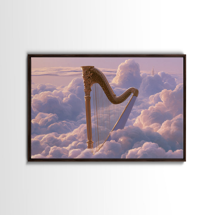 Golden Harp in a Cloud Kingdom Framed Canvas Print, Fairy Tale Art, Princess Wall Art, Living Room Decor, Oil Painting, FTA-3x2-74