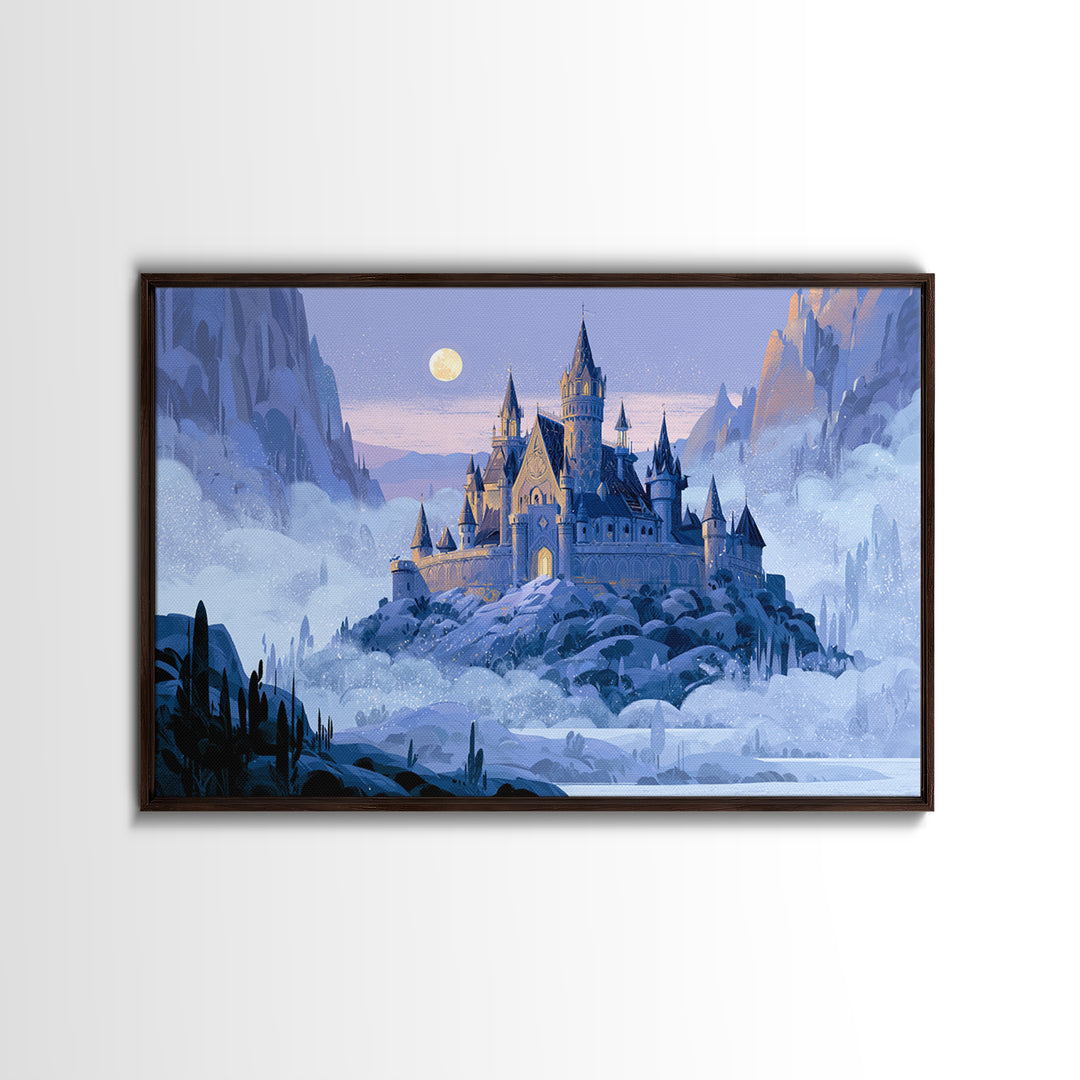 Storybook Castle on a Misty Hill Framed Canvas Print, Fairy Tale Art, Fairy Art, Living Room Decor, Fine Art, Storybook, FTA-3x2-78