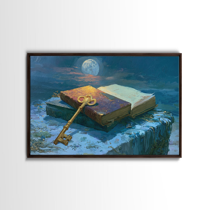 Golden Key and Enchanted Book Still Life Framed Canvas Print, Fairy Tale Art, Statement Artwork, Living Room Decor, Storybook, FTA-3x2-85