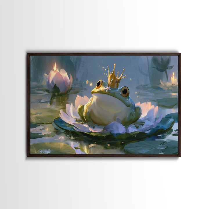 Frog Prince on a Lily Pad Framed Canvas Print, Fairy Tale Art, Wall Decor, Living Room Decor, Storybook, Boho Wall Art, FTA-3x2-87