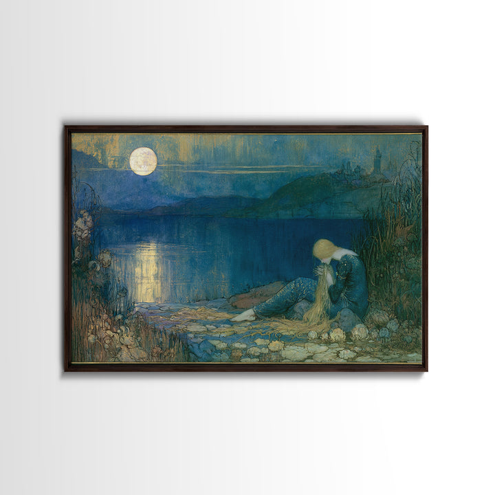 Mermaid Combing Hair Beneath a Pearl Moon Canvas Print, Fairy Tale Art, Painting, Living Room Decor, Fine Art, Storybook, FTA-3x2-88