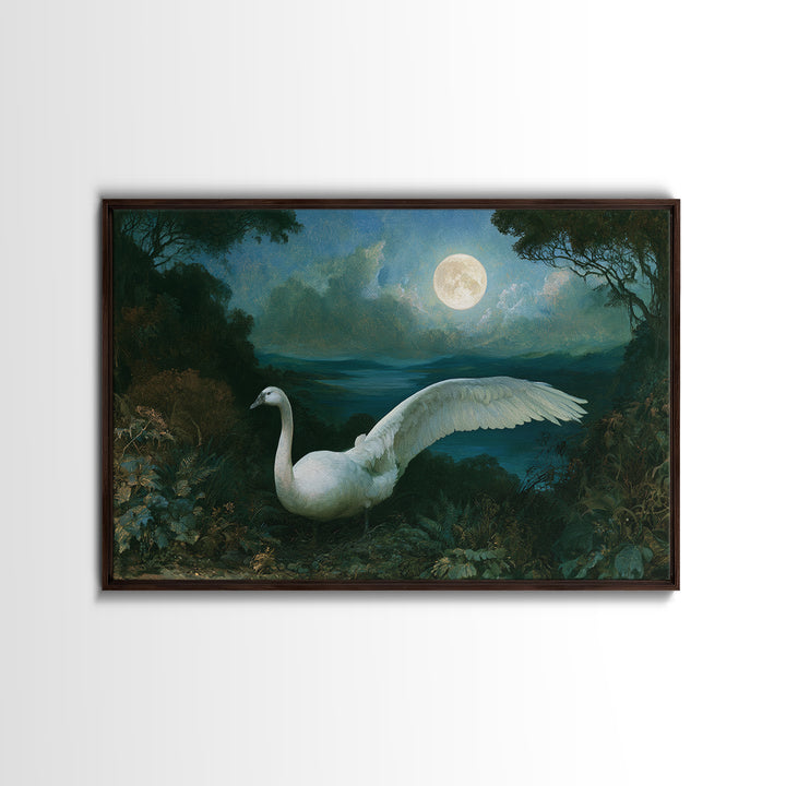 White Swan Transformation Scene Framed Canvas Print, Fairy Tale Art, Boho Wall Art, Living Room Decor, Oil Painting, Storybook, FTA-3x2-91