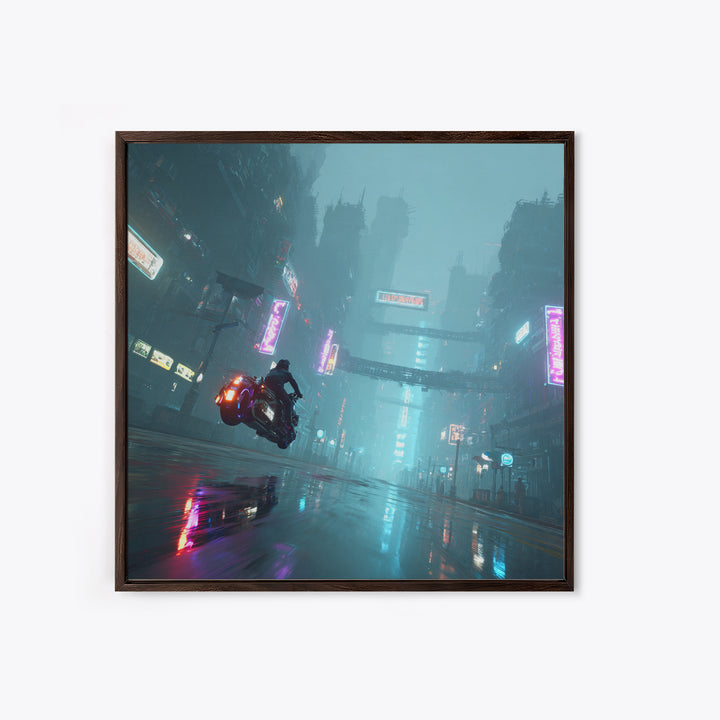High Speed Hover Bike Trail of Light Framed Canvas Print, Futuristic Art, Cyberpunk Decor, Living Room Decor, Fine Art, Future, FUT-1x1-68