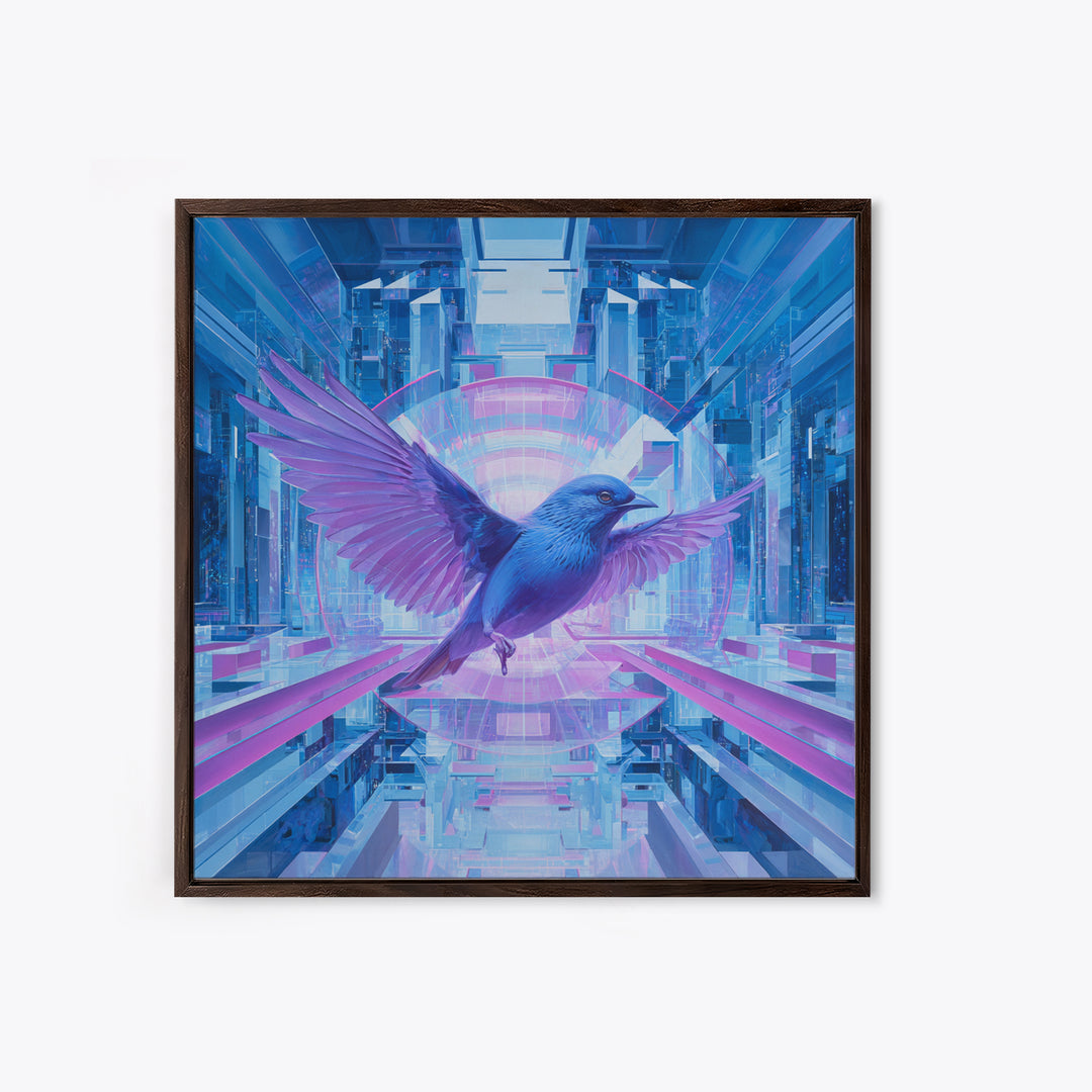 Futurist Bird Made of Panels and Light Framed Canvas Print, Futuristic Art, Statement Artwork, Living Room Decor, Future, FUT-1x1-70