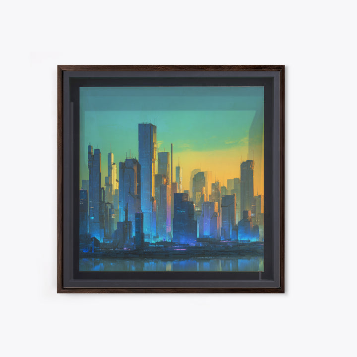 Sleek Chrome City Skyline Framed Canvas Print, Futuristic Art, Modern Wall Art, Living Room Decor, Abstract Art, Future, FUT-1x1-73