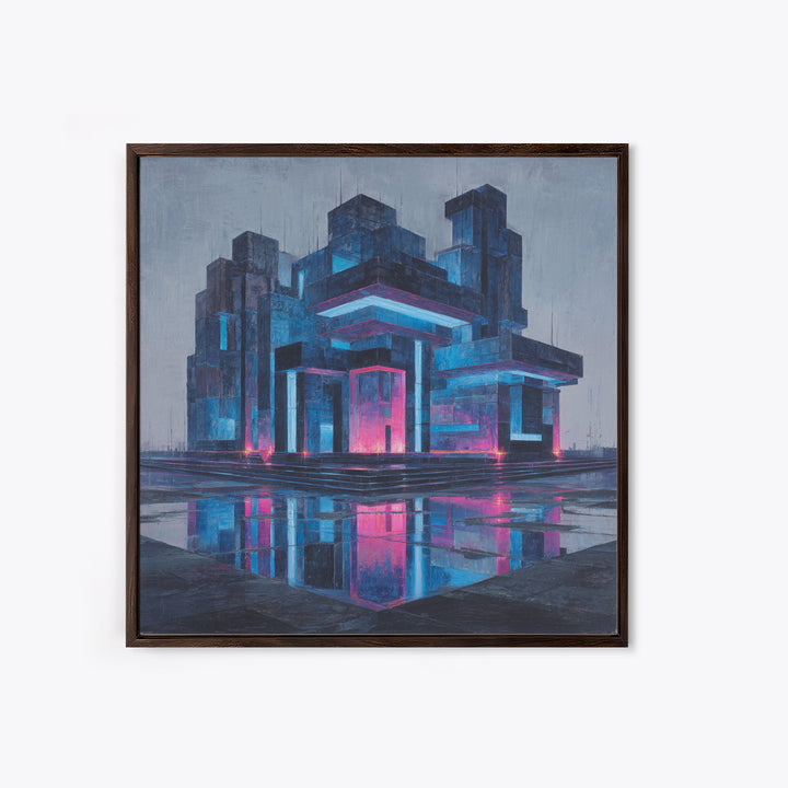White and Blue Utopian Megastructure Framed Canvas Print, Futuristic Art, Living Room Decor, Abstract Art, Future, FUT-1x1-84