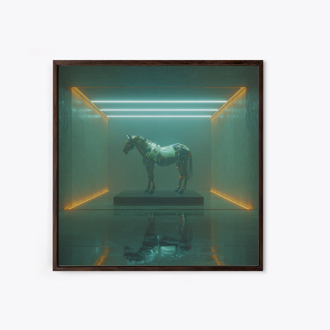Cybernetic Horse in a Luminous Field Canvas Print, Futuristic Art, Digital Print, Living Room Decor, Fine Art, Future, FUT-1x1-85