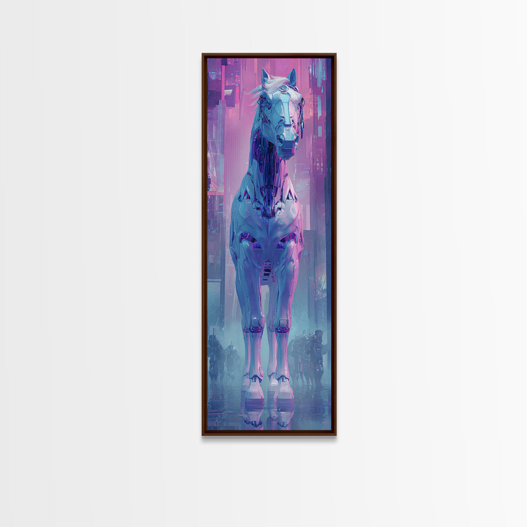 Cybernetic Horse in a Luminous Field Canvas Print, Futuristic Art, Digital Art, Living Room Decor, Future, Landscape Art, FUT-1x3-49