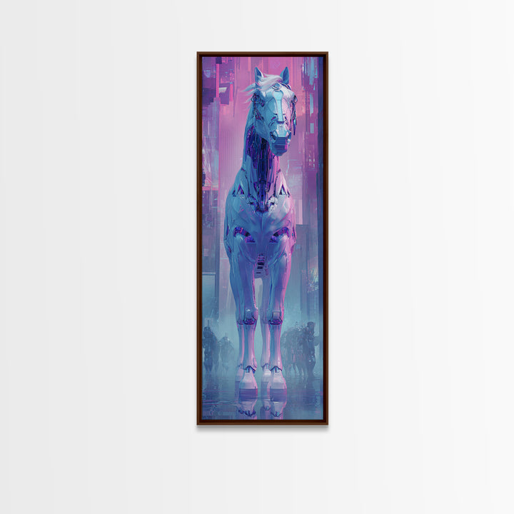 Cybernetic Horse in a Luminous Field Canvas Print, Futuristic Art, Digital Art, Living Room Decor, Future, Landscape Art, FUT-1x3-49