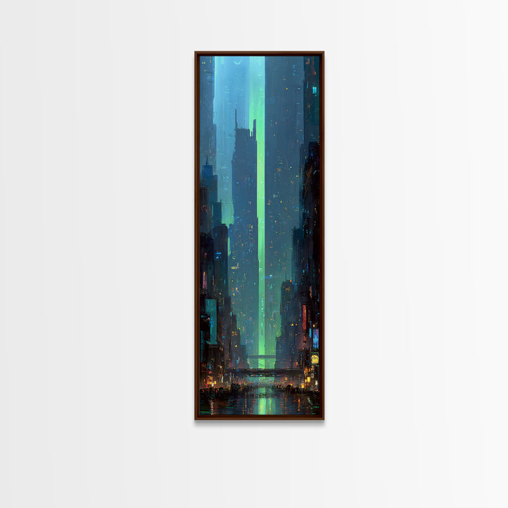 Digital Aurora Above a Clean White City Canvas Print, Futuristic Art, Eclectic Home Decor, Living Room Decor, Abstract Art, FUT-1x3-60
