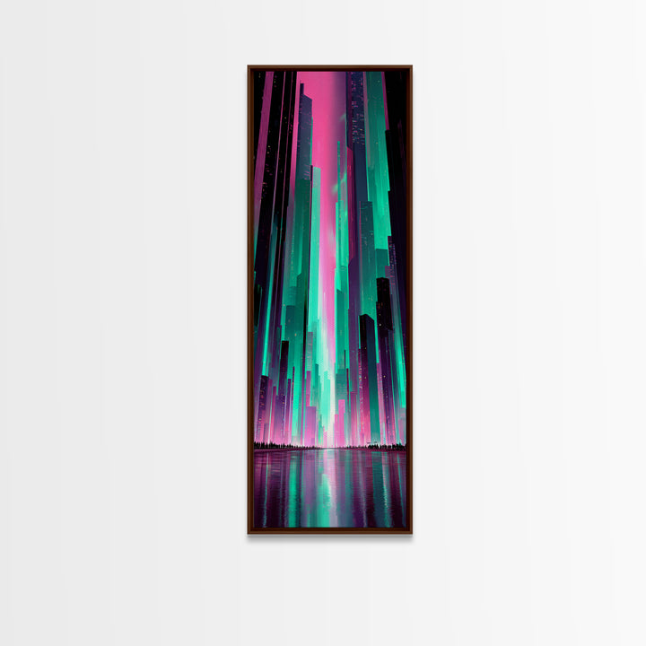 Digital Aurora Above a Clean White City Framed Canvas Print, Futuristic Art, Statement Artwork, Living Room Decor, Future, FUT-1x3-84
