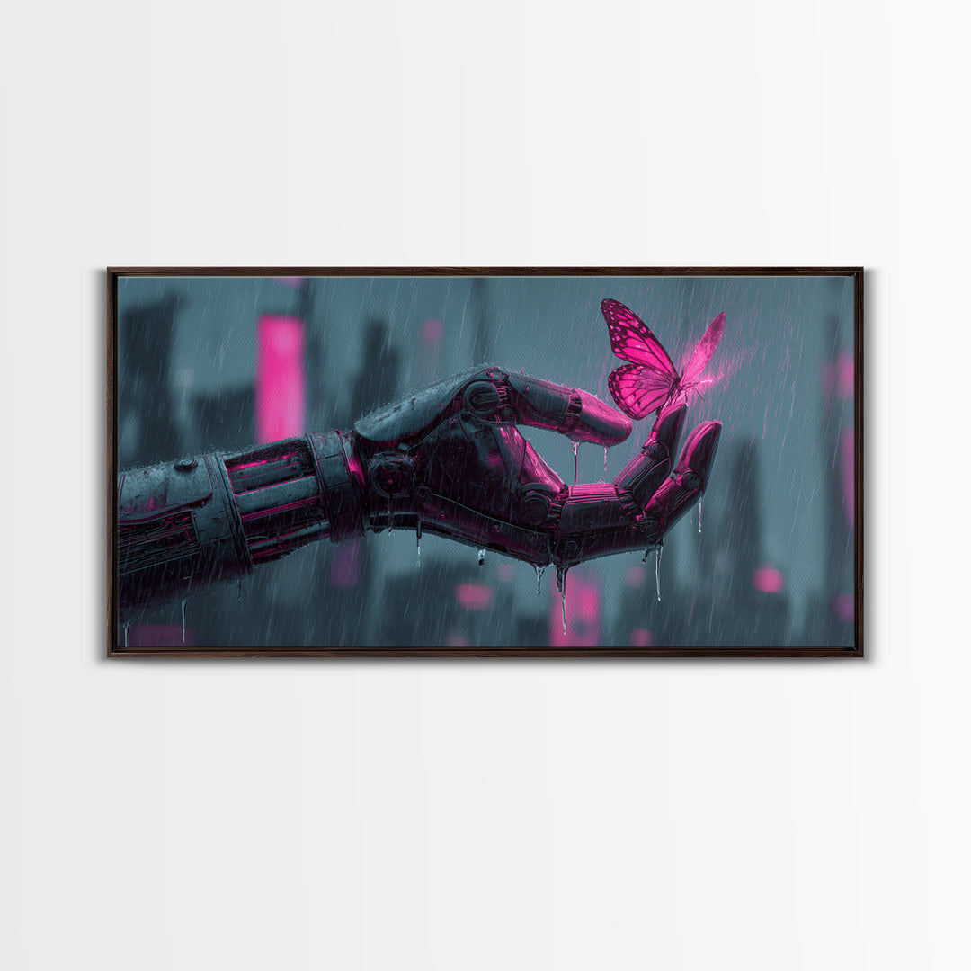 Robotic Hand Holding a Delicate Butterfly Framed Canvas Print, Futuristic Art, Unique Home Decor, Living Room Decor, Future, FUT-2x1-100