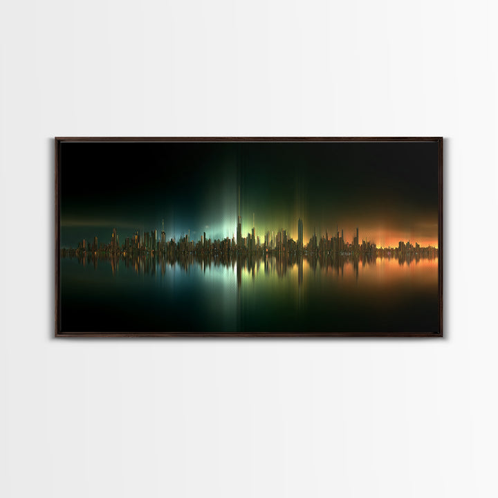 Sleek Chrome City Skyline Framed Canvas Print, Futuristic Art, Contemporary Art, Living Room Decor, Fine Art, Future, FUT-2x1-45