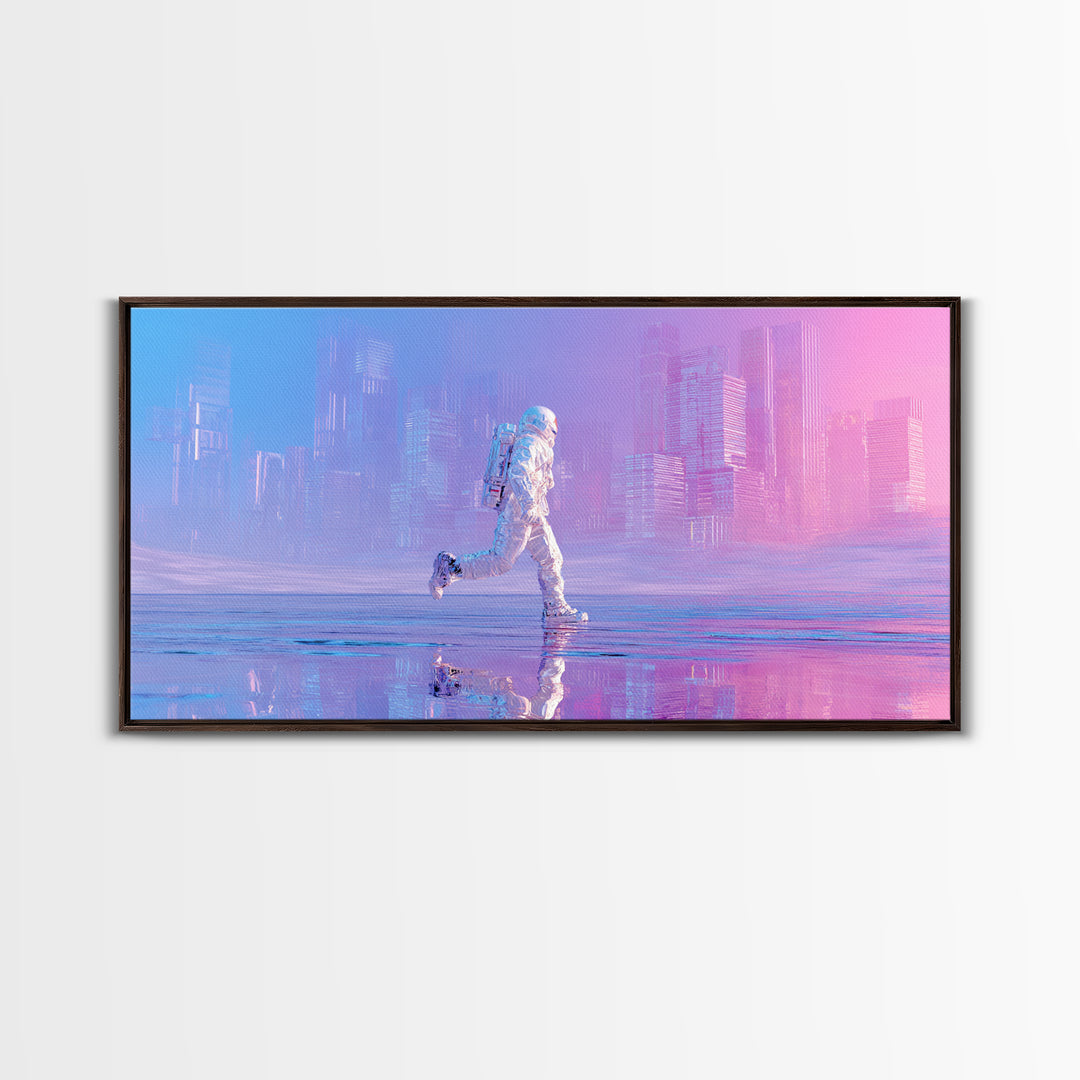 Silver Astronaut Walking Through Neon Desert Canvas Print, Futuristic Art, Victorian Decor, Living Room Decor, Fine Art, Future, FUT-2x1-49