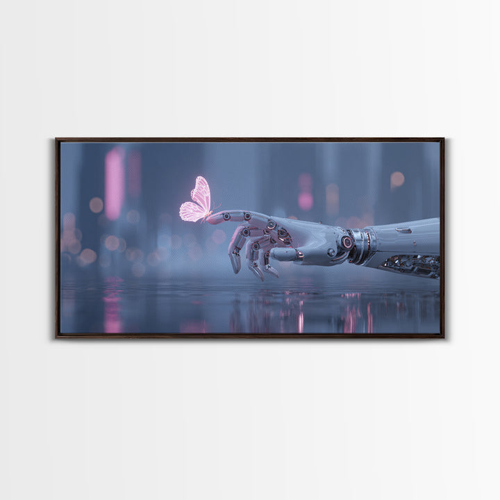 Robotic Hand Holding a Delicate Butterfly Canvas Print, Futuristic Art, Mid Century Modern, Living Room Decor, Fine Art, Future, FUT-2x1-52