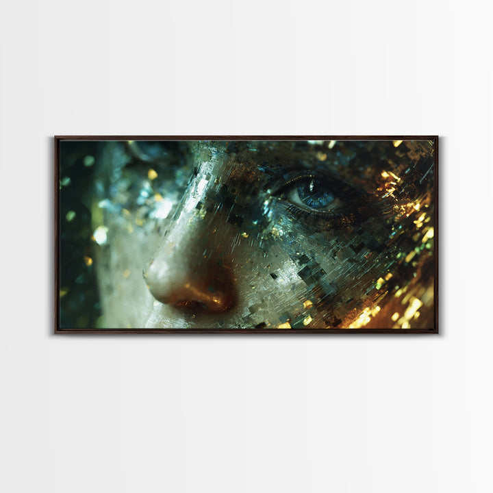 Abstract Ai Face Formed from Light Fragments Canvas Print, Futuristic Art, Extra Large Wall Art, Living Room Decor, Future, FUT-2x1-70