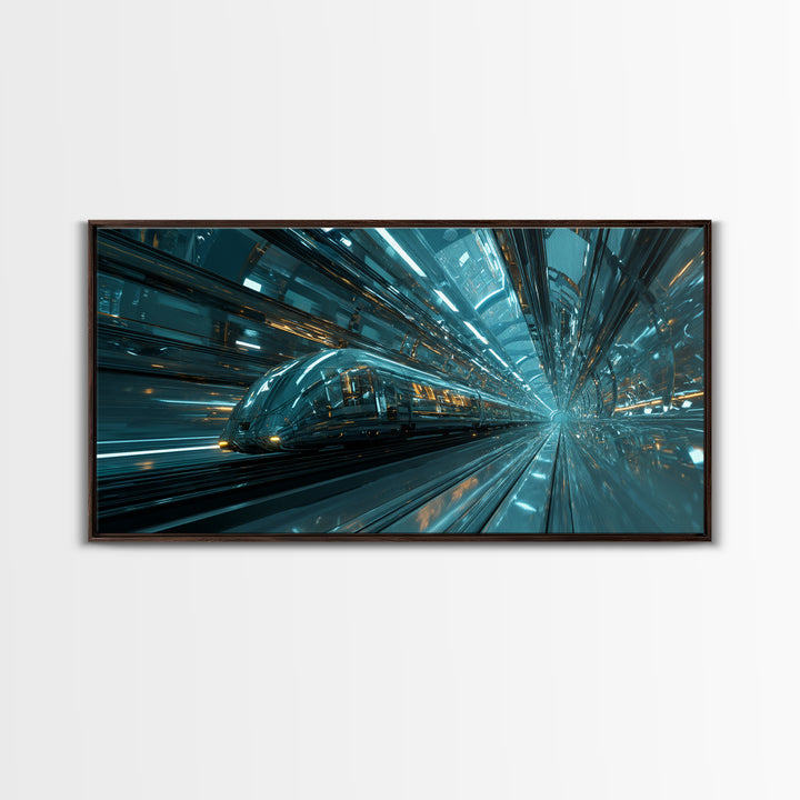 Transparent Train Speeding Through Light Tunnels Canvas Print, Futuristic Art, Fine Art Print, Living Room Decor, Future, FUT-2x1-79