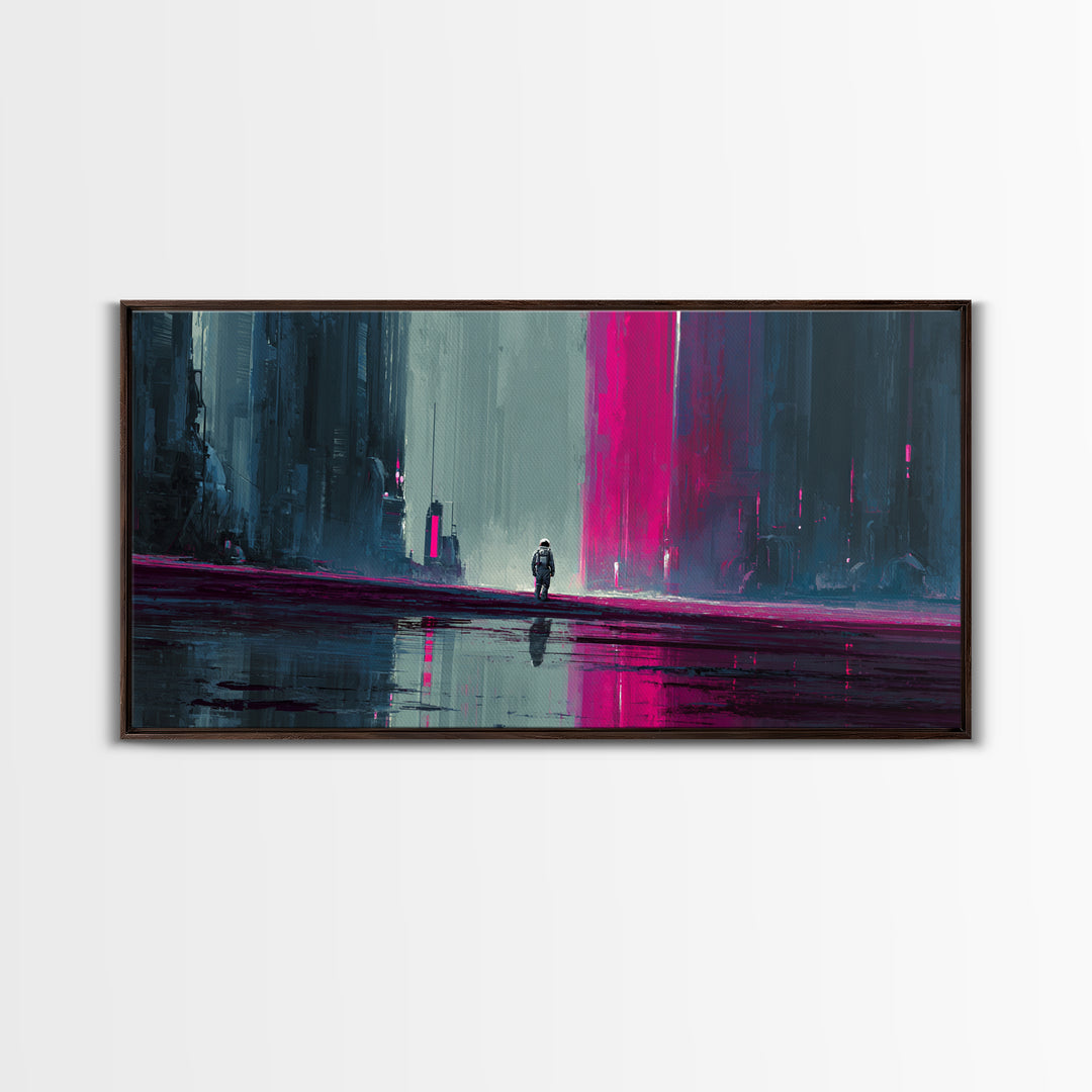 Silver Astronaut Walking Through Neon Desert Framed Canvas Print, Futuristic Art, Modern Decor, Living Room Decor, Future, FUT-2x1-97