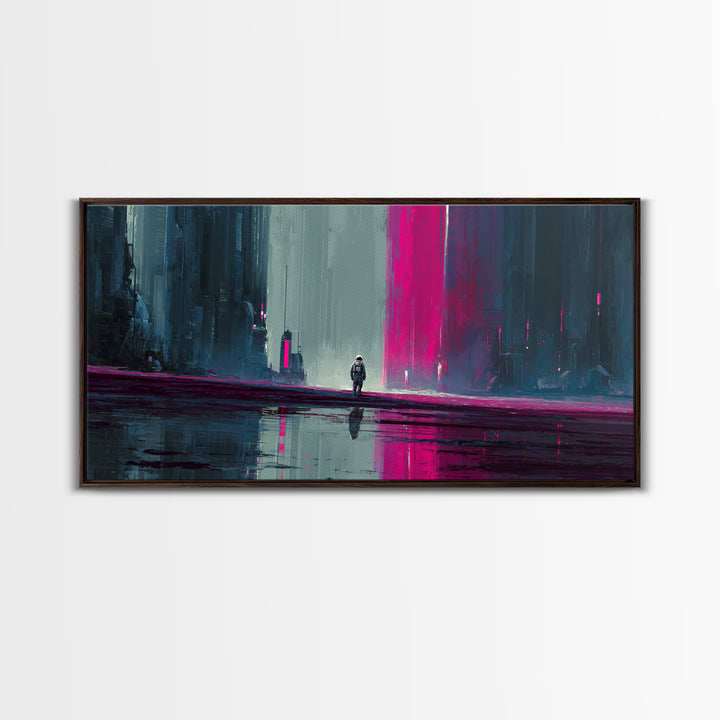 Silver Astronaut Walking Through Neon Desert Framed Canvas Print, Futuristic Art, Modern Decor, Living Room Decor, Future, FUT-2x1-97