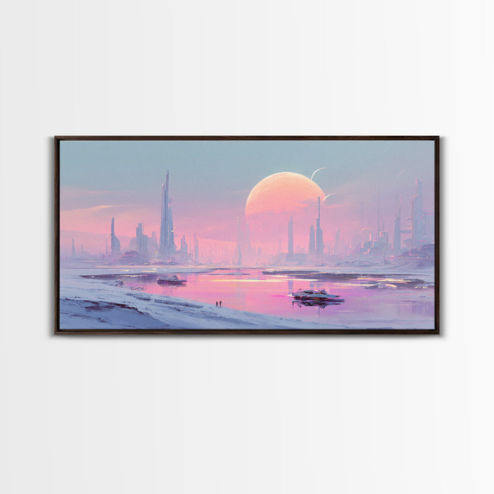 Minimal Spacecraft over a Clean Planet Horizon Canvas Print, Futuristic Art, Contemporary Art, Living Room Decor, Future, FUT-2x1-99