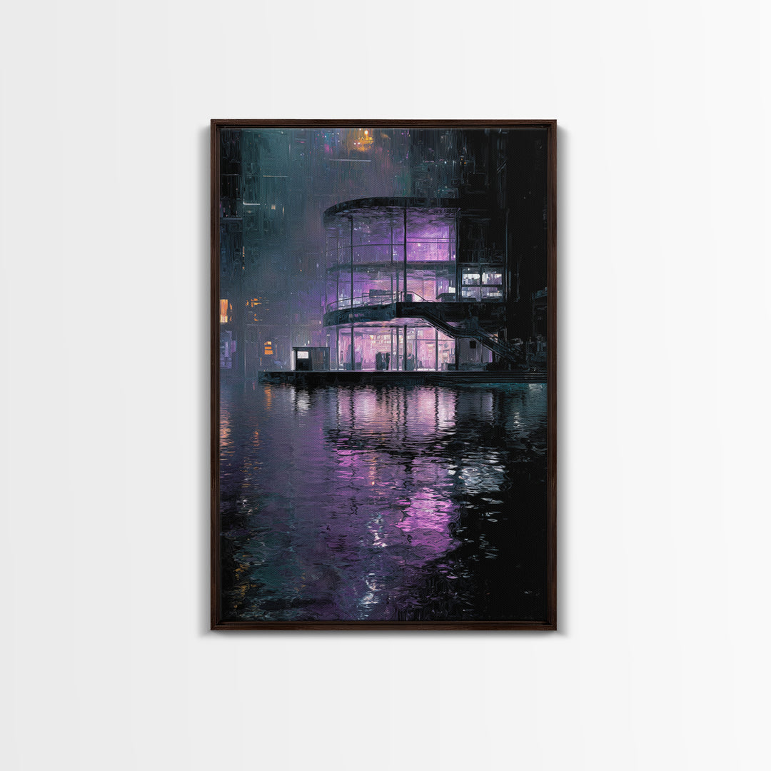 Floating Glass Architecture Above Reflective Water Canvas Print, Futuristic Art, Neutral Decor, Living Room Decor, Future, FUT-2x3-35