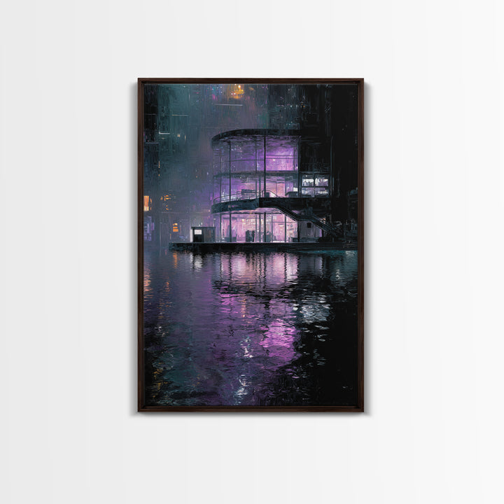 Floating Glass Architecture Above Reflective Water Canvas Print, Futuristic Art, Neutral Decor, Living Room Decor, Future, FUT-2x3-35