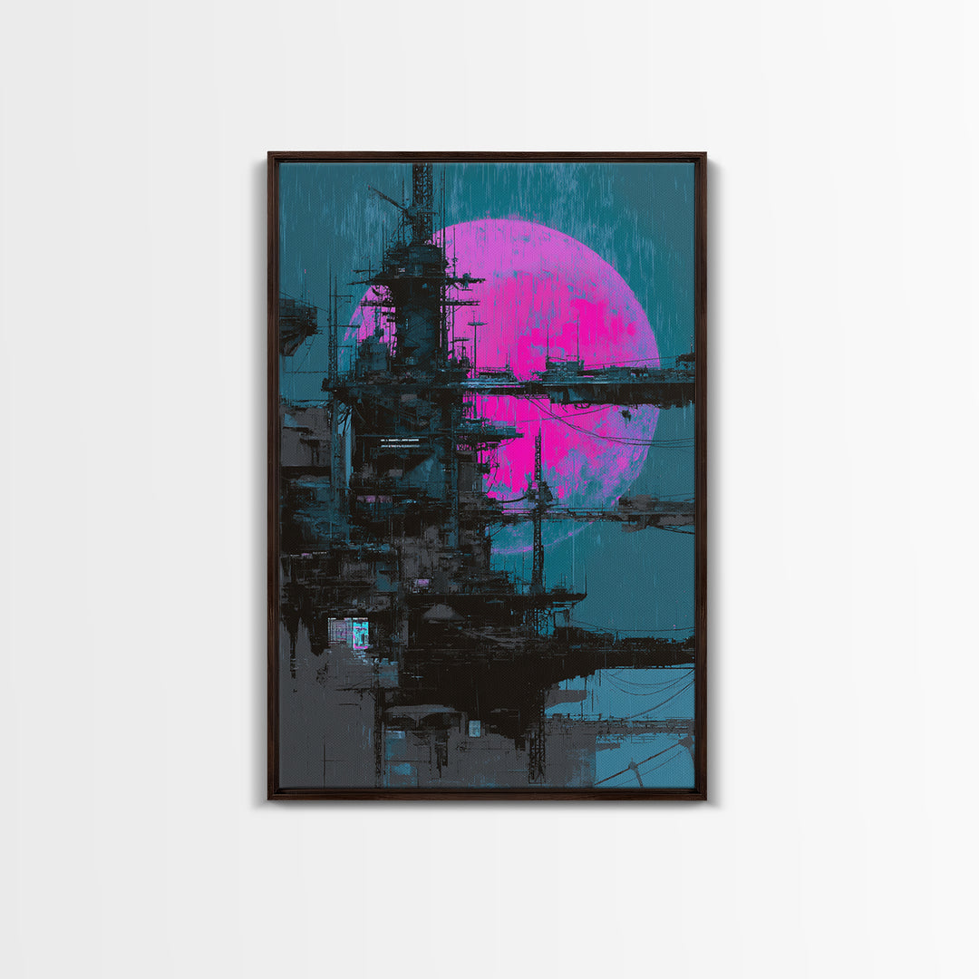 Moon Colony Silhouette Framed Canvas Print, Futuristic Art, Modern Wall Decor, Living Room Decor, Oil Painting, Future, FUT-2x3-53