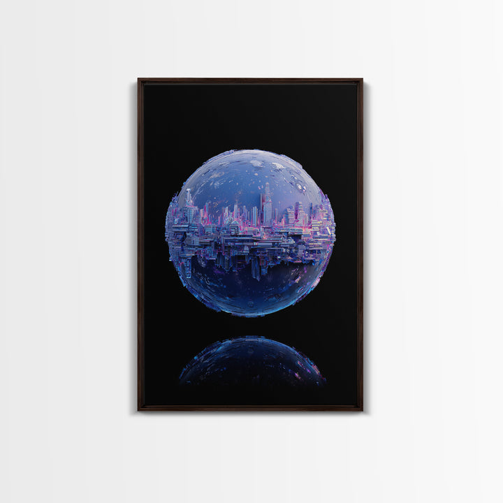 Orbital City Ring Around a Blue Planet Framed Canvas Print, Futuristic Art, Unique Home Decor, Living Room Decor, Future, FUT-2x3-90