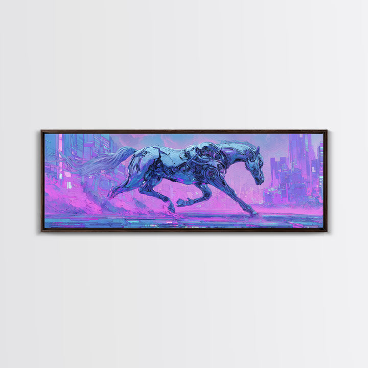 Cybernetic Horse in a Luminous Field Framed Canvas Print, Futuristic Art, Eclectic Home Decor, Living Room Decor, FUT-3x1-5