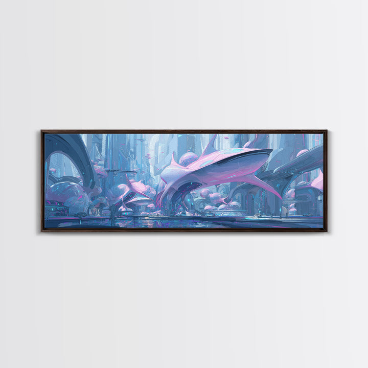 Future Ocean Lab Framed Canvas Print, Futuristic Art, Ai Art, Living Room Decor, Oil Painting, Future, Digital Poster, FUT-3x1-55