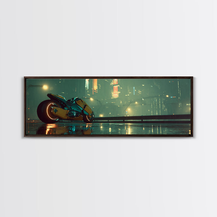 High Speed Hover Bike Trail of Light Framed Canvas Print, Futuristic Art, Textured Painting, Living Room Decor, Future, FUT-3x1-60