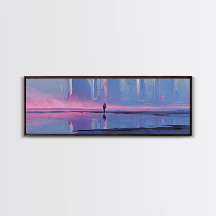 Silver Astronaut Walking Through Neon Desert Canvas Print, Futuristic Art, Canvas Wall Art, Living Room Decor, Oil Painting, FUT-3x1-93