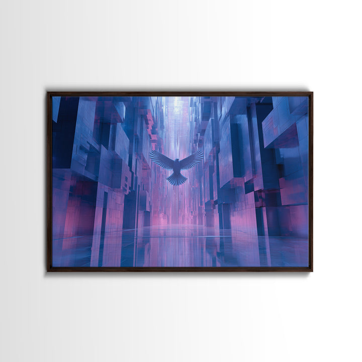 Futurist Bird Made of Panels and Light Framed Canvas Print, Futuristic Art, Steampunk Decor, Living Room Decor, Future, FUT-3x2-2