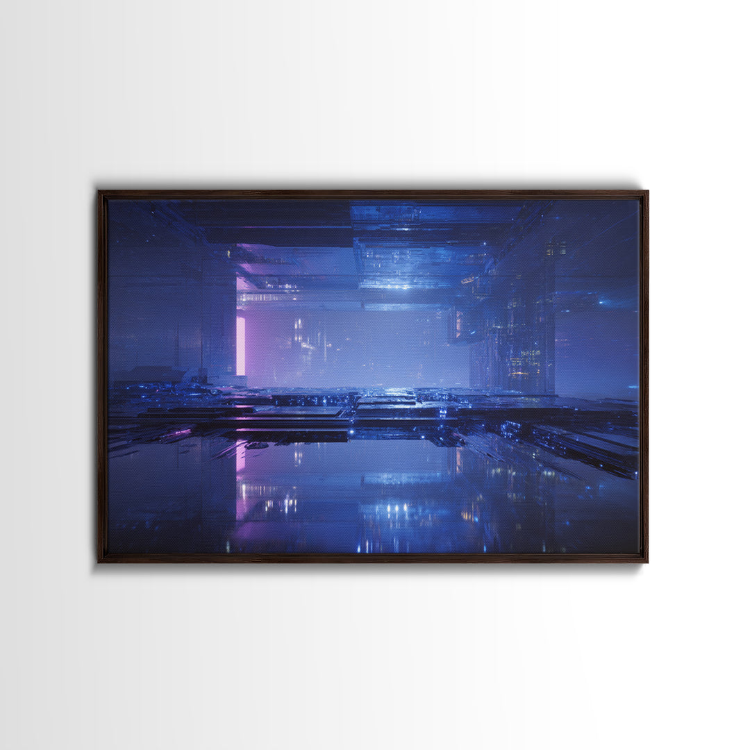 White and Blue Utopian Megastructure Framed Canvas Print, Futuristic Art, Mid Century Modern, Living Room Decor, Oil Painting, FUT-3x2-40