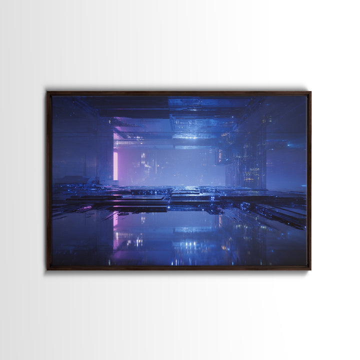 White and Blue Utopian Megastructure Framed Canvas Print, Futuristic Art, Mid Century Modern, Living Room Decor, Oil Painting, FUT-3x2-40