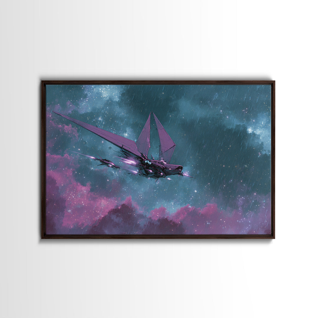Solar Sail Ship Crossing Star Filled Space Framed Canvas Print, Futuristic Art, Digital Art, Living Room Decor, Future, FUT-3x2-69