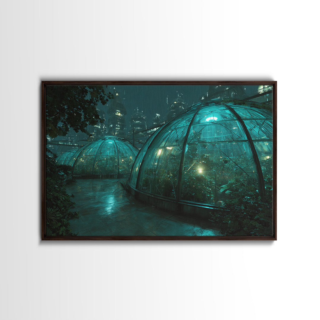 Futuristic Botanical Greenhouse Framed Canvas Print, Futuristic Art, Neutral Decor, Living Room Decor, Fine Art, Future, FUT-3x2-70