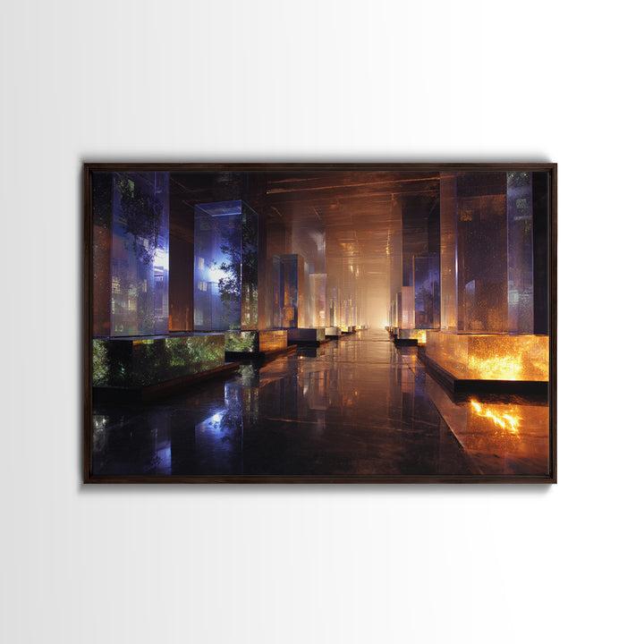 Bioluminescent Garden in a Future Habitat Framed Canvas Print, Futuristic Art, Cyberpunk Decor, Living Room Decor, Future, FUT-3x2-80